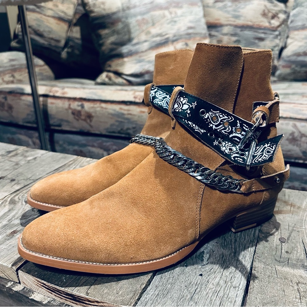 Amiri Tan Suede Leather Bandana Chain Buckled Ankle Boots